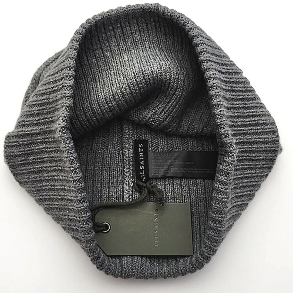 AllSaints Unisex Merino Wool Blend Knit Charcoal Grey Rib Mix Beanie Size OS - Picture 6 of 10